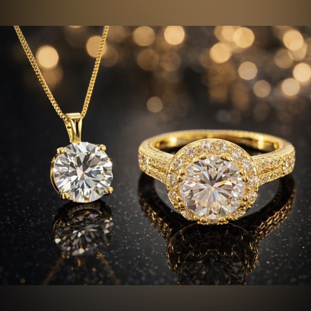 Luxury Moissanite Set -14K Gold-Plated Necklace |925S 18k Gold Plated Ring -Sz 7